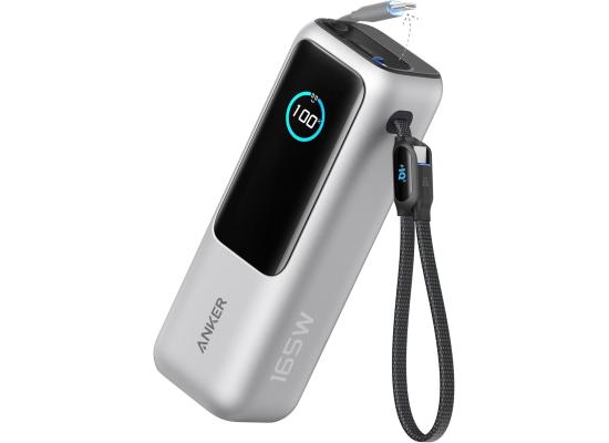 Anker Zolo Power Bank 165W, 25,000mAh Portable Charger with Triple 100W USB-C Ports for Multi-Device Charging, Built-in and Retractable Cables, for iPhone 16/15 Series, MacBook, Samsung, and Laptop's - Silver